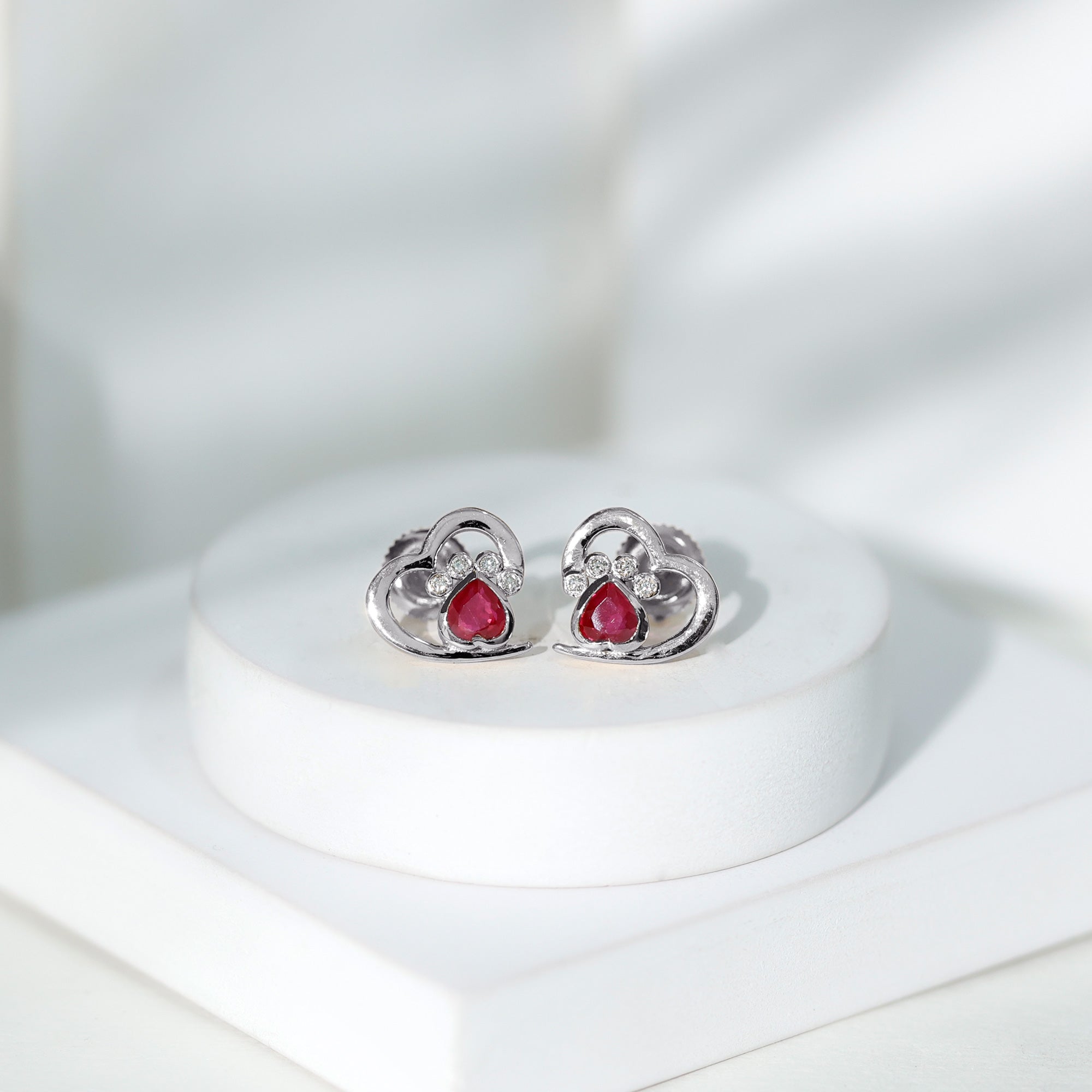 Cute Heart Paw Stud Earrings with Ruby and Diamond