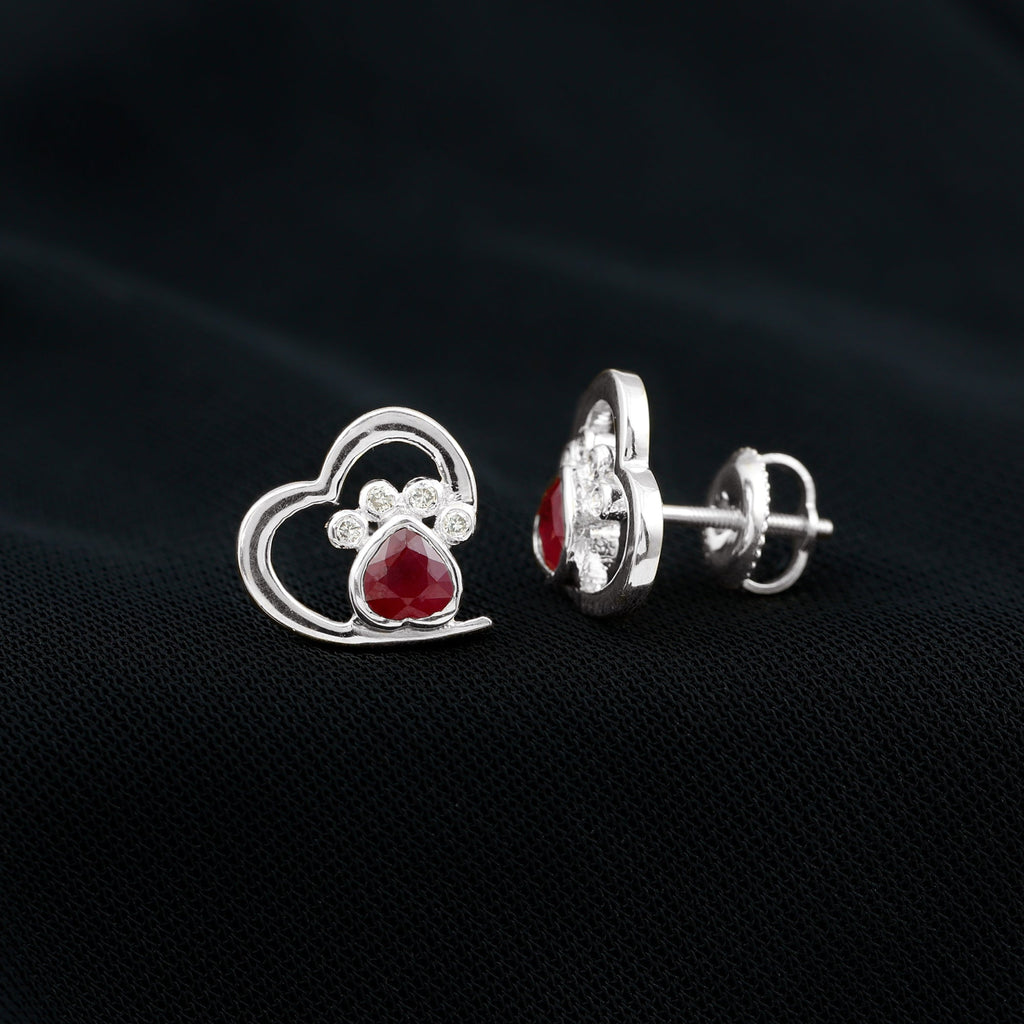 Cute Heart Paw Stud Earrings with Ruby and Diamond