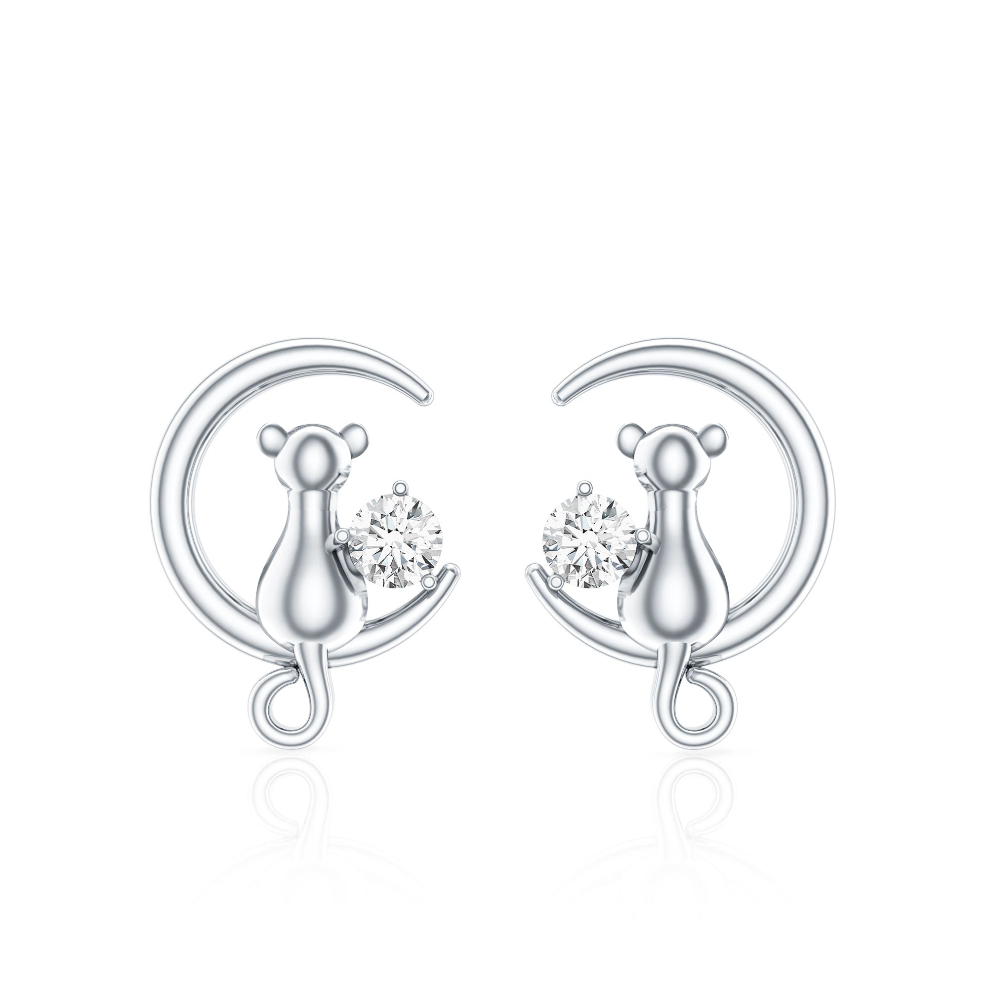 Diamond Cat Moon Stud Earrings for Women