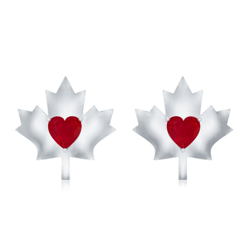 0.94 Carat Heart Shape Ruby Maple Leaf Stud Earrings