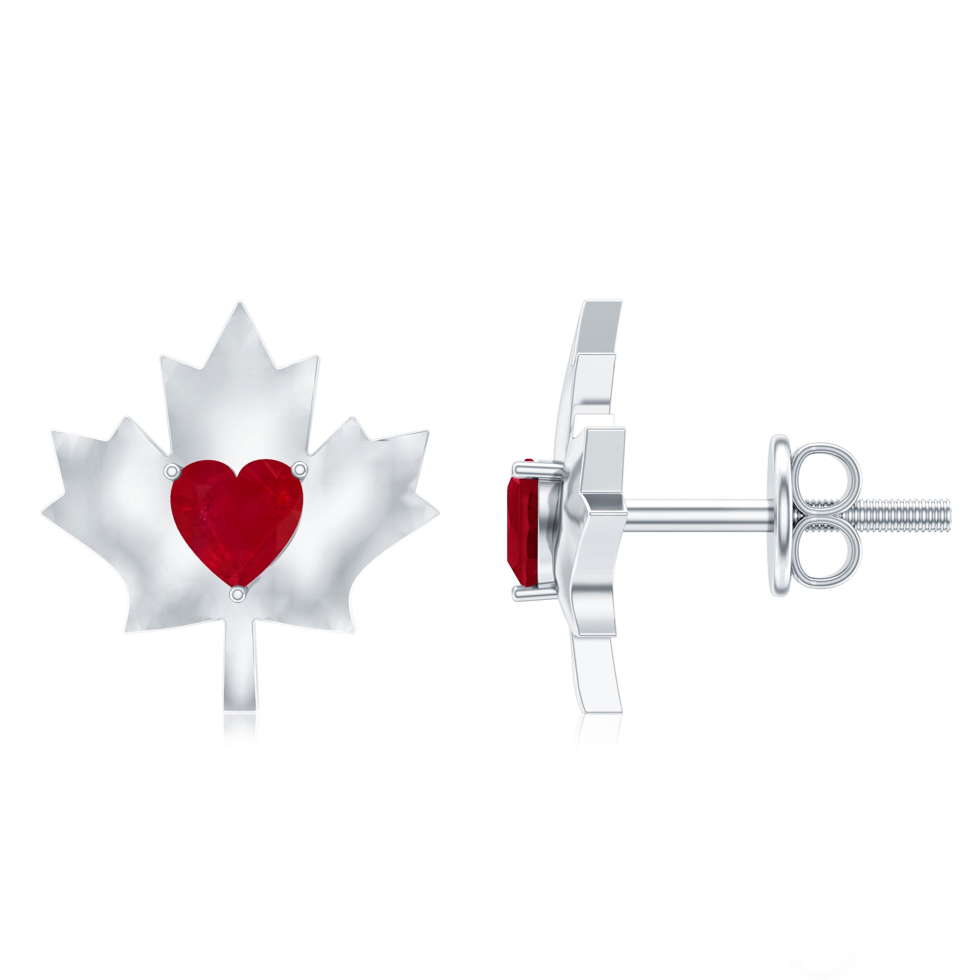 0.94 Carat Heart Shape Ruby Maple Leaf Stud Earrings