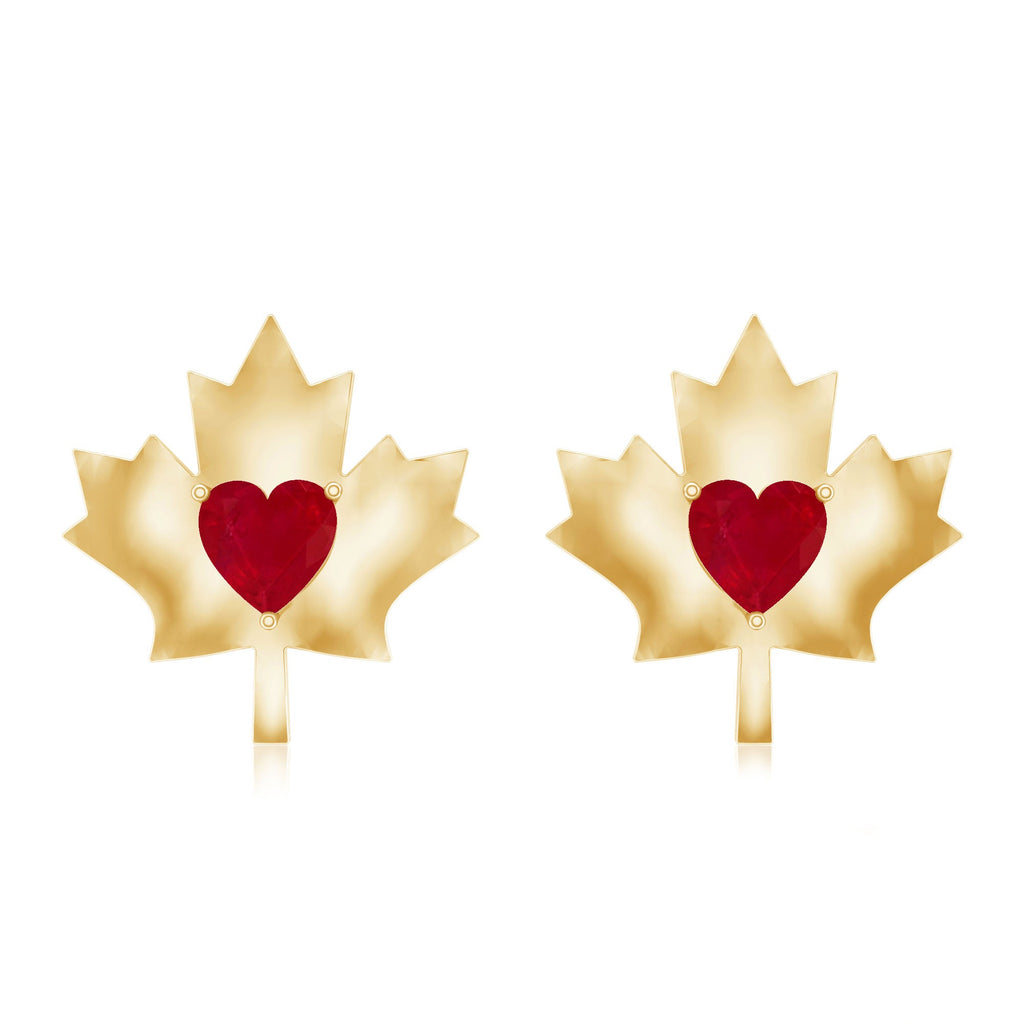 0.94 Carat Heart Shape Ruby Maple Leaf Stud Earrings
