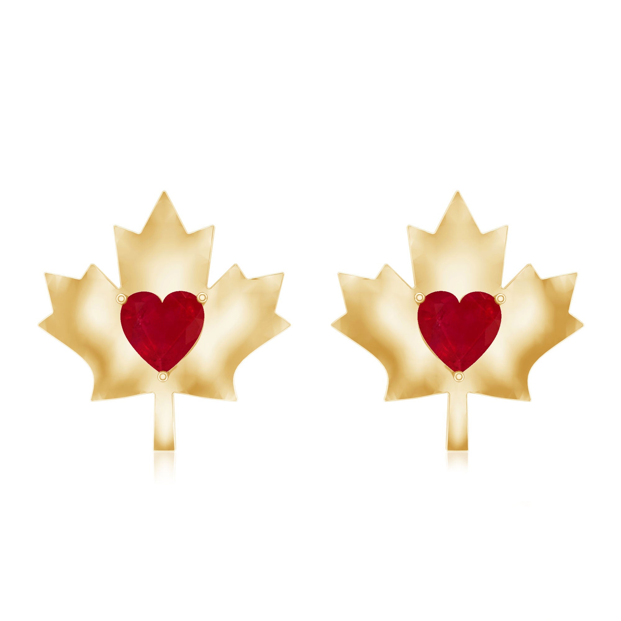 0.94 Carat Heart Shape Ruby Maple Leaf Stud Earrings