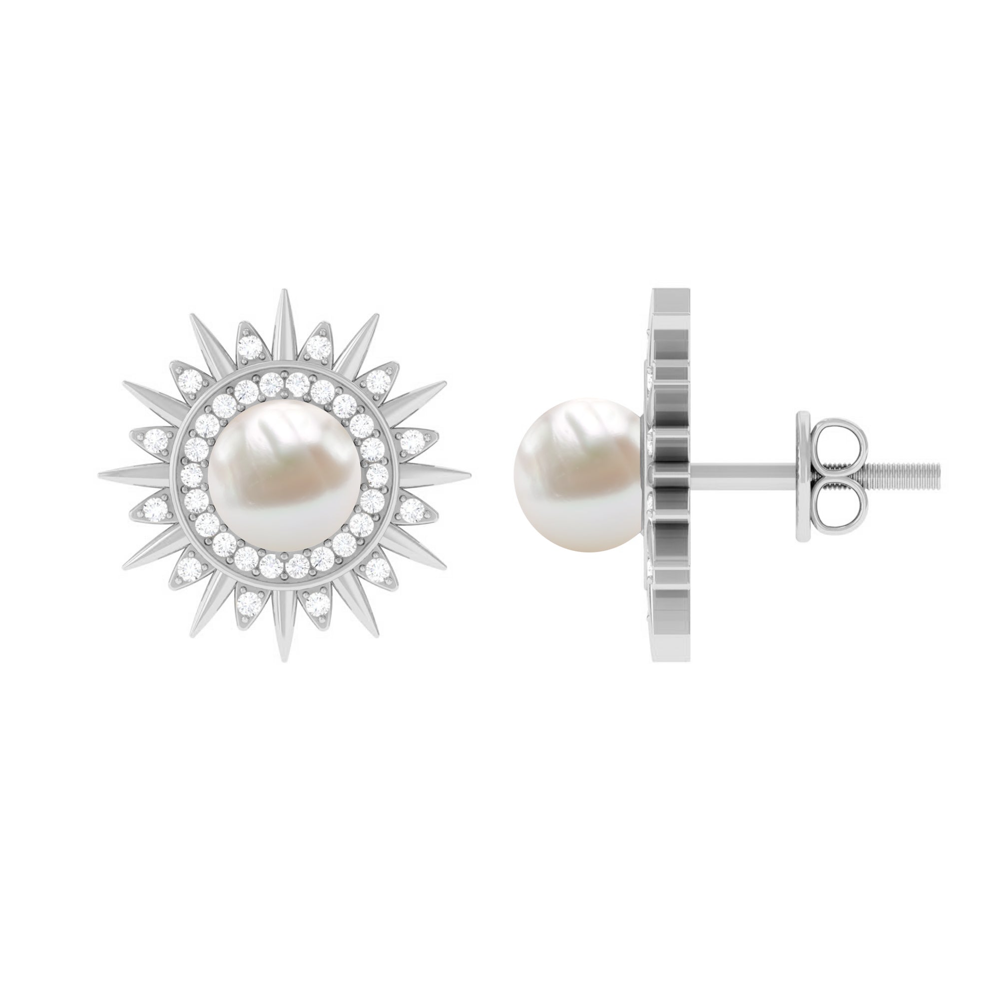 Cultured Freshwater Pearl Diamond Sunburst Earrings