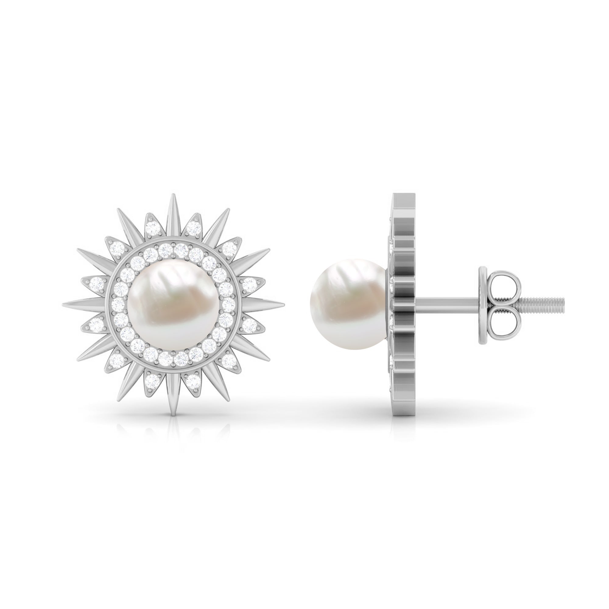 Cultured Freshwater Pearl Diamond Sunburst Earrings