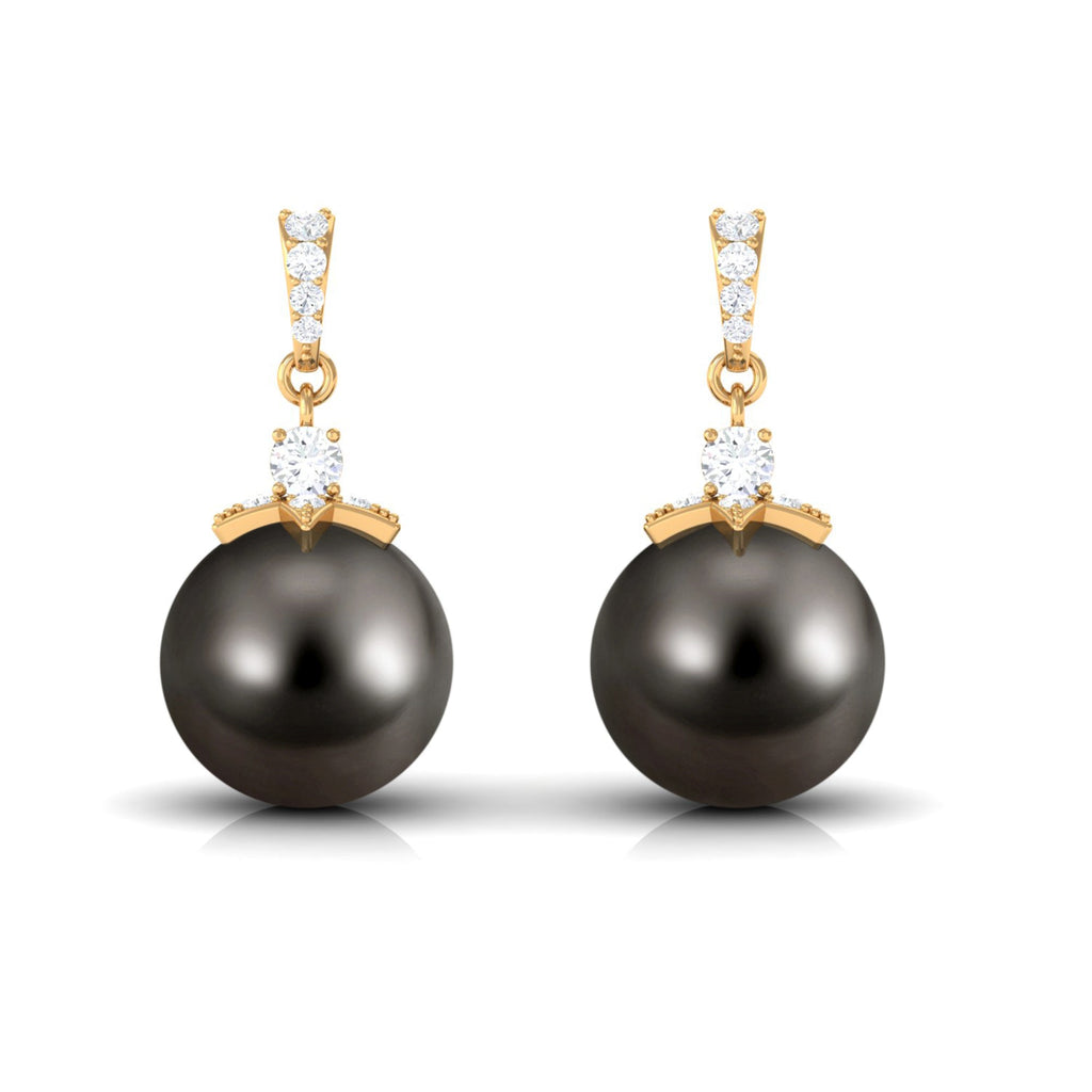 Cultured 15 Carat Black Tahitian Pearl Bridal Drop Earrings with Diamond