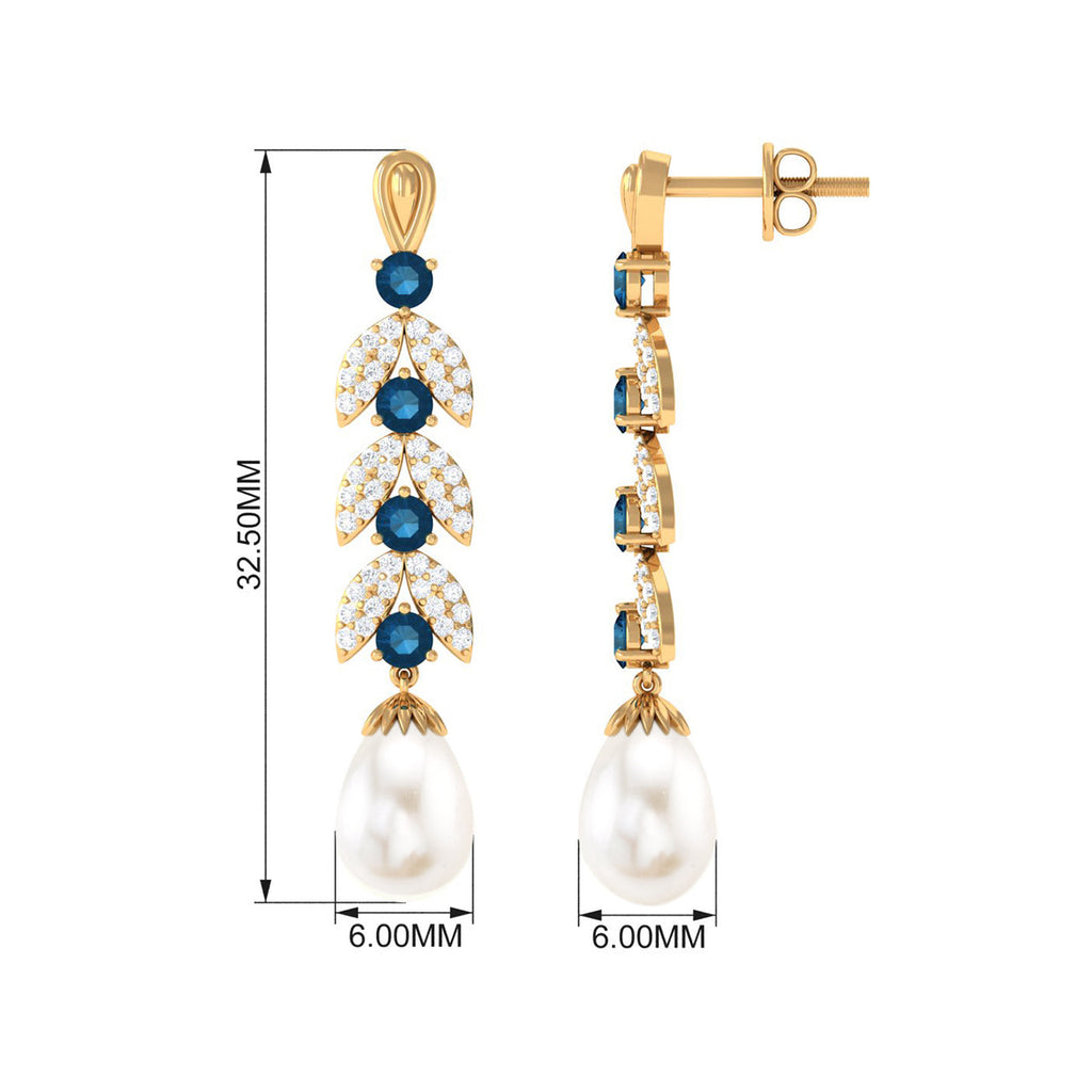 Freshwater Pearl Dangle Earrings with Blue Topaz and Diamond