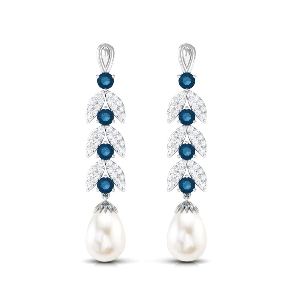 Freshwater Pearl Dangle Earrings with Blue Topaz and Diamond