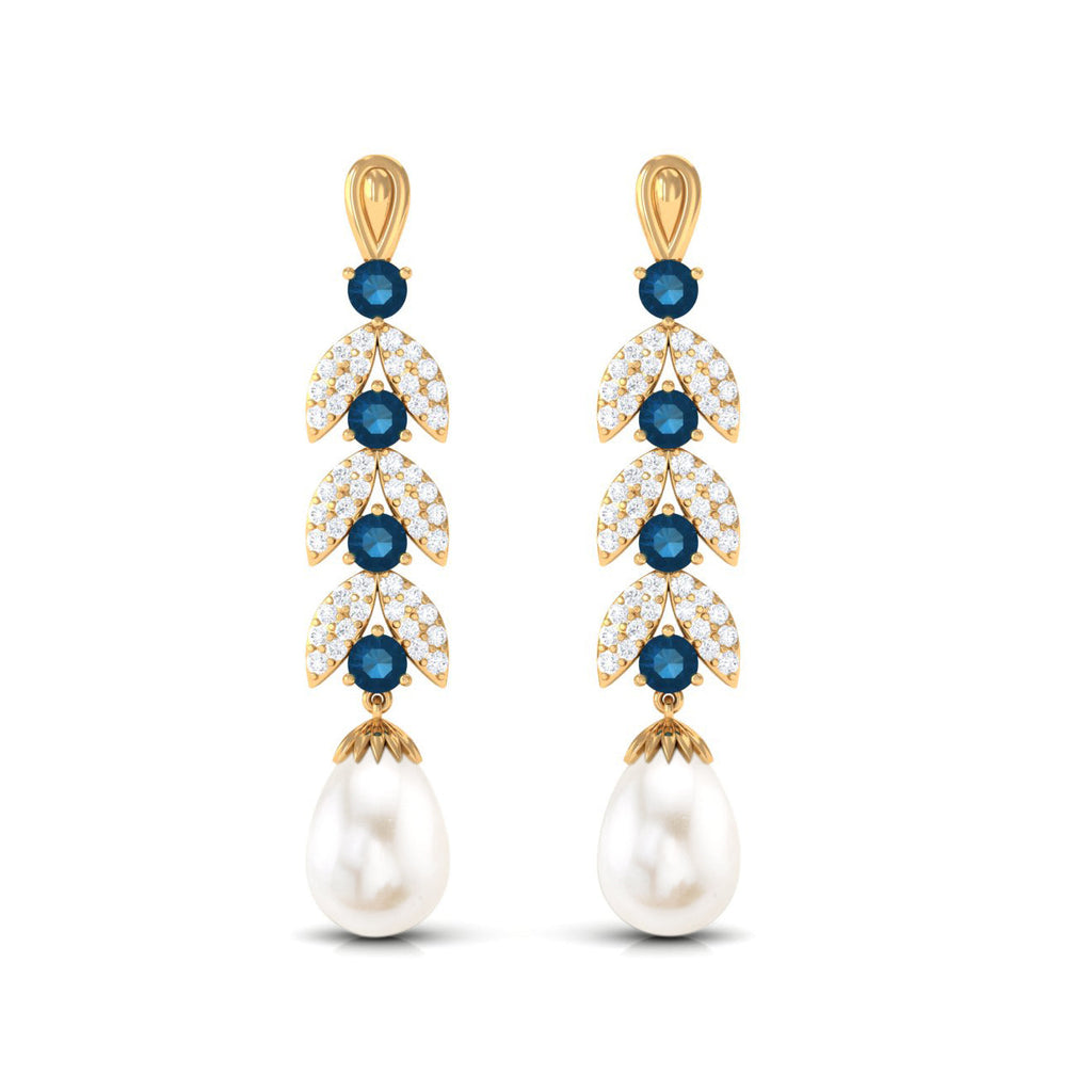 Freshwater Pearl Dangle Earrings with Blue Topaz and Diamond