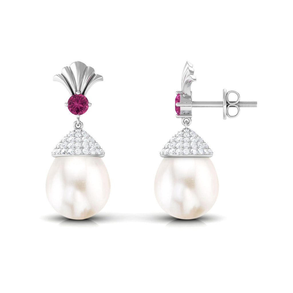 Cultured Freshwater Pearl Drop Earrings with Pink Tourmaline