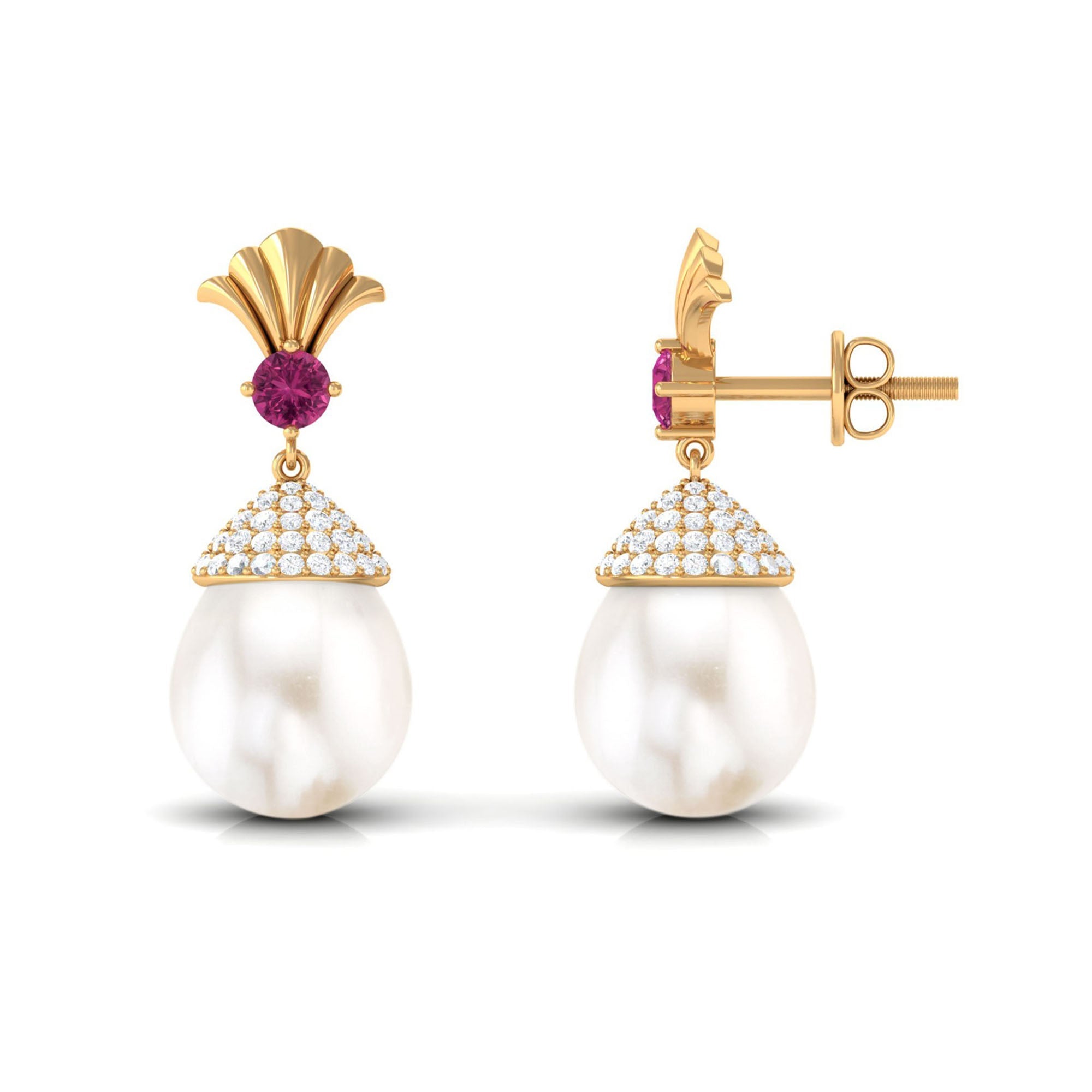 Cultured Freshwater Pearl Drop Earrings with Pink Tourmaline