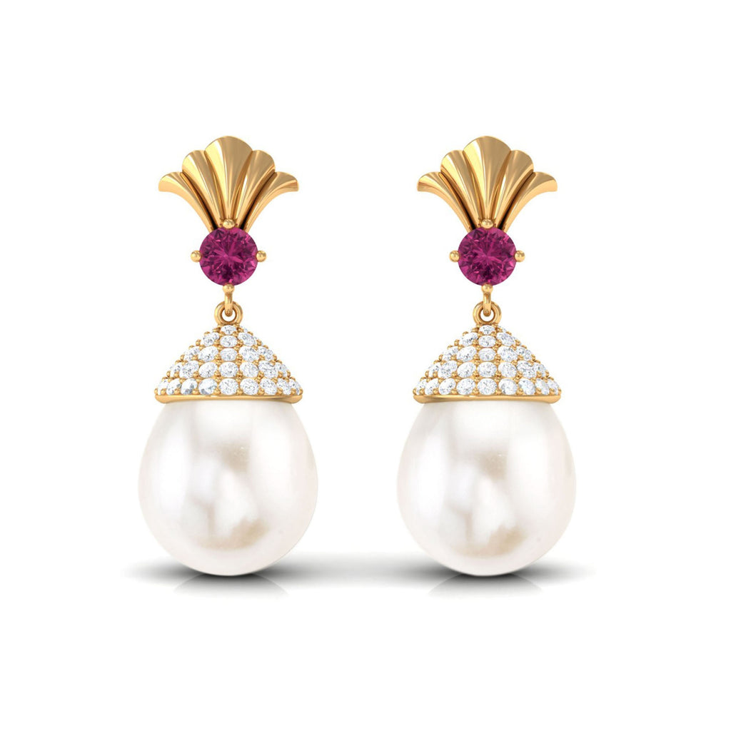 Cultured Freshwater Pearl Drop Earrings with Pink Tourmaline