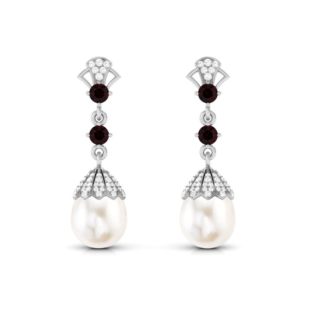 Vintage Inspired Pearl Dangle Earrings with Garnet