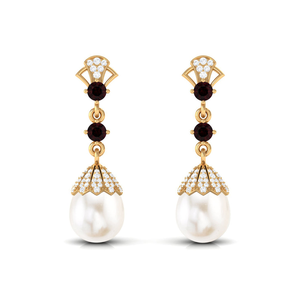 Vintage Inspired Pearl Dangle Earrings with Garnet