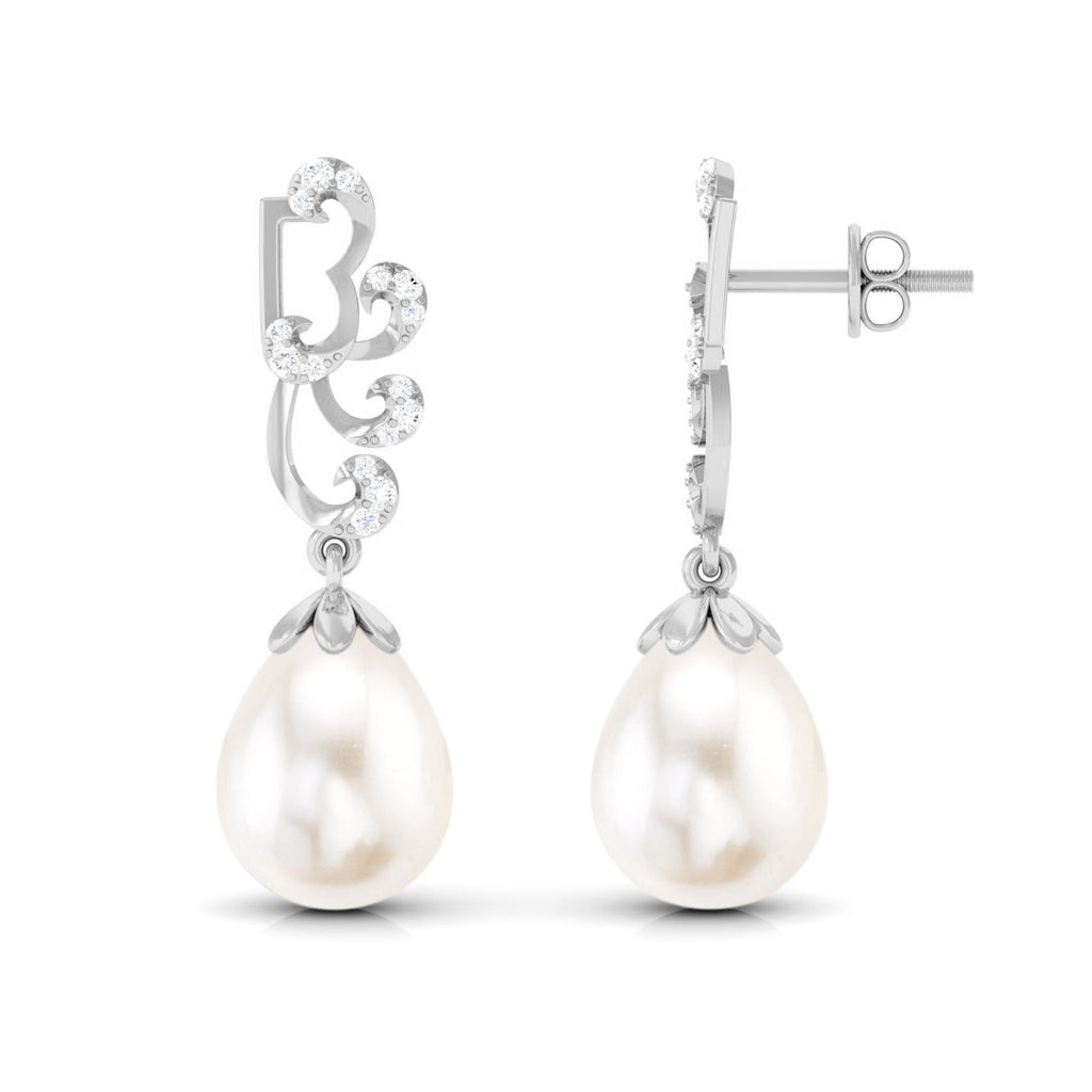 12 Carat Freshwater Pearl Designer Drop Earrings with Diamond