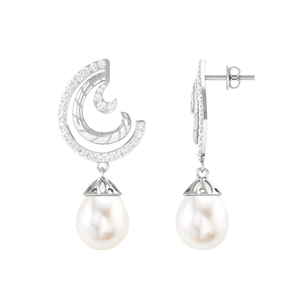 Designer Freshwater Pearl Bridal Drop Earrings with Diamond