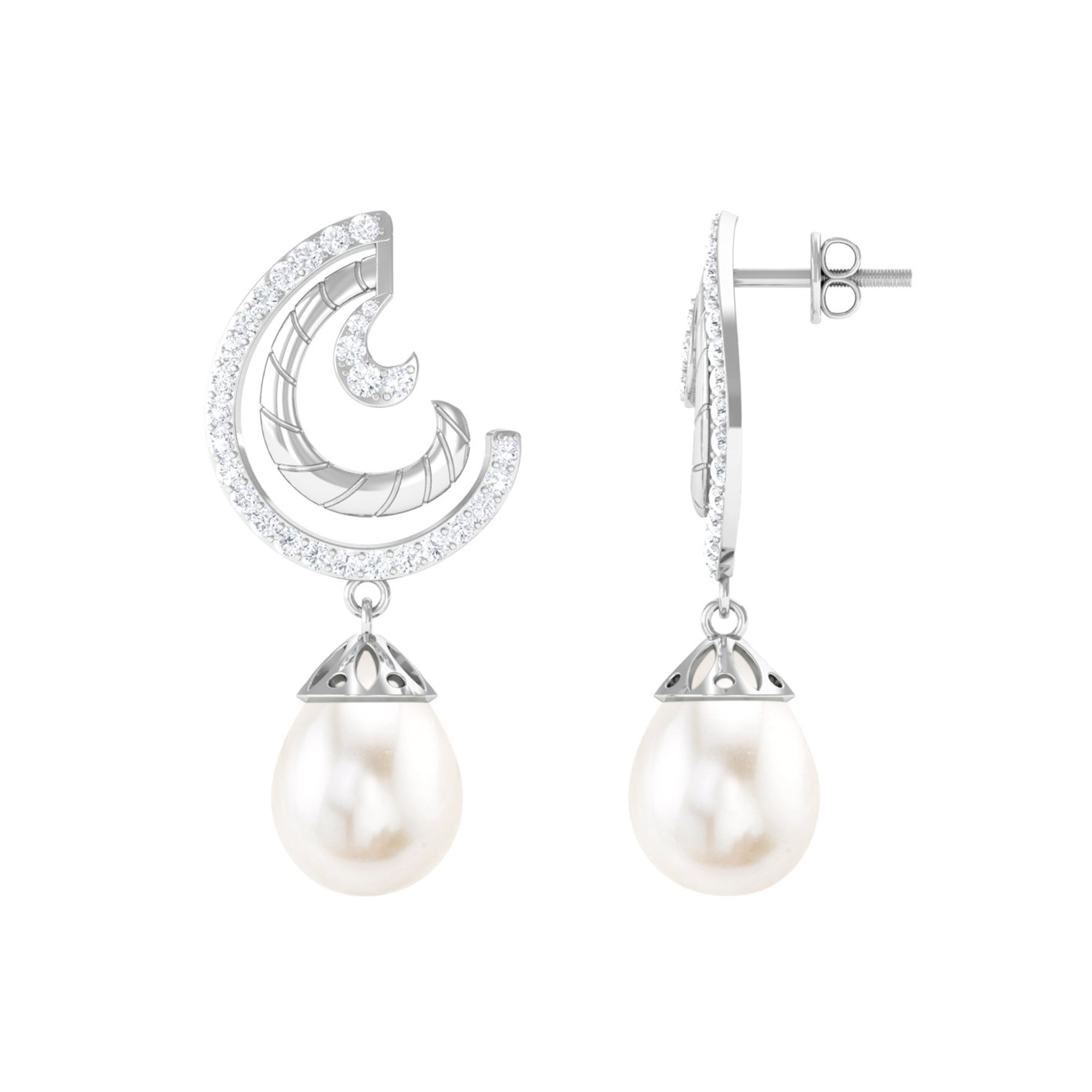 Designer Freshwater Pearl Bridal Drop Earrings with Diamond