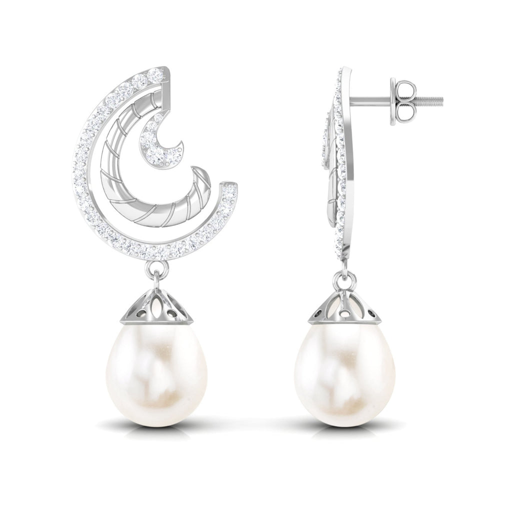 Designer Freshwater Pearl Bridal Drop Earrings with Diamond