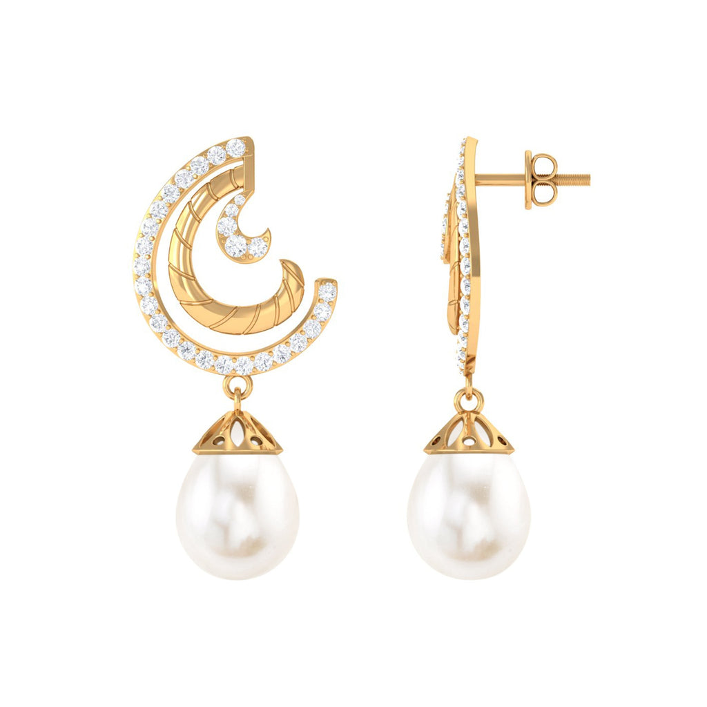 Designer Freshwater Pearl Bridal Drop Earrings with Diamond