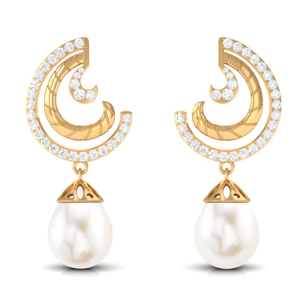 Designer Freshwater Pearl Bridal Drop Earrings with Diamond