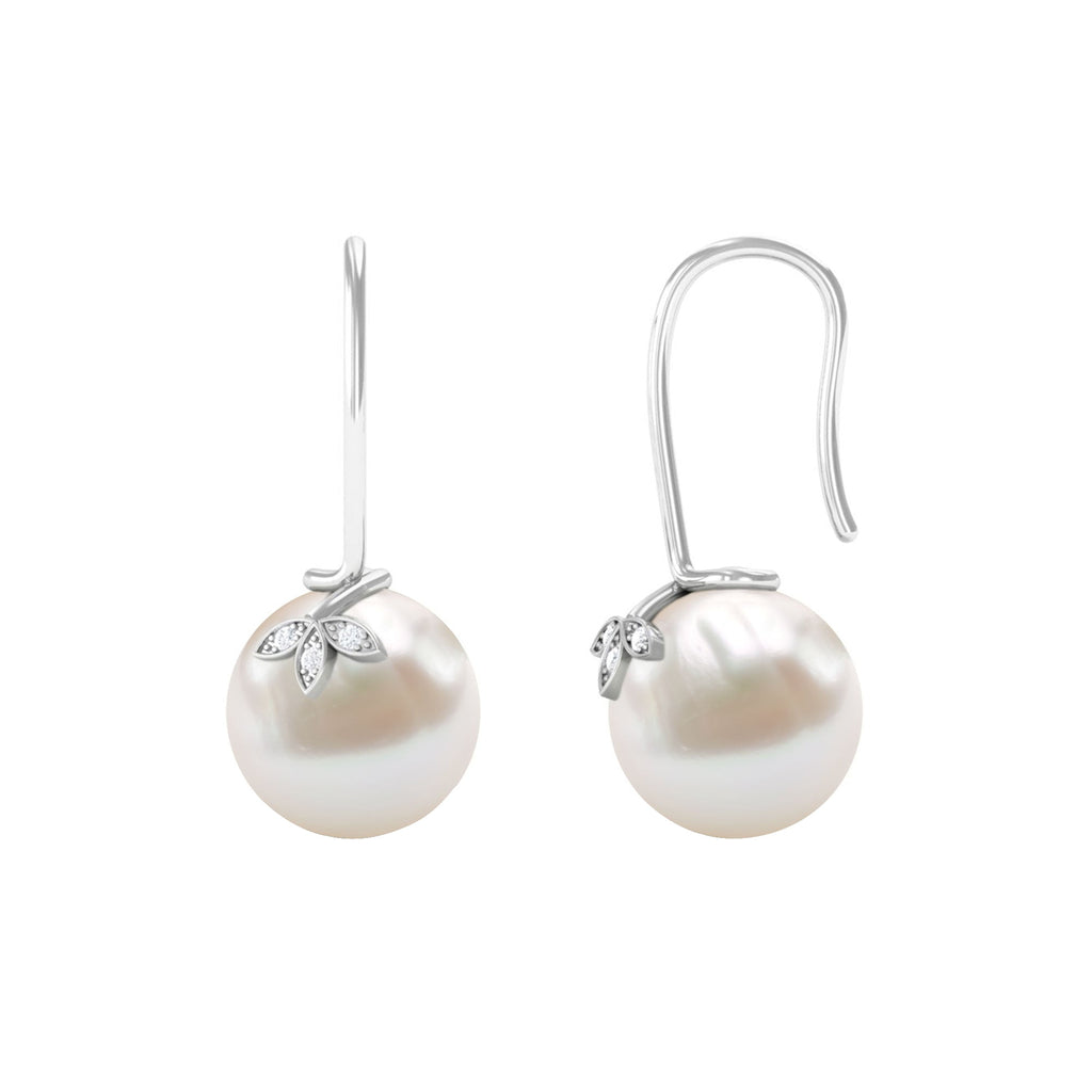 Cultured 16 Carat Freshwater Pearl Diamond Drop Earrings with Fish Hook