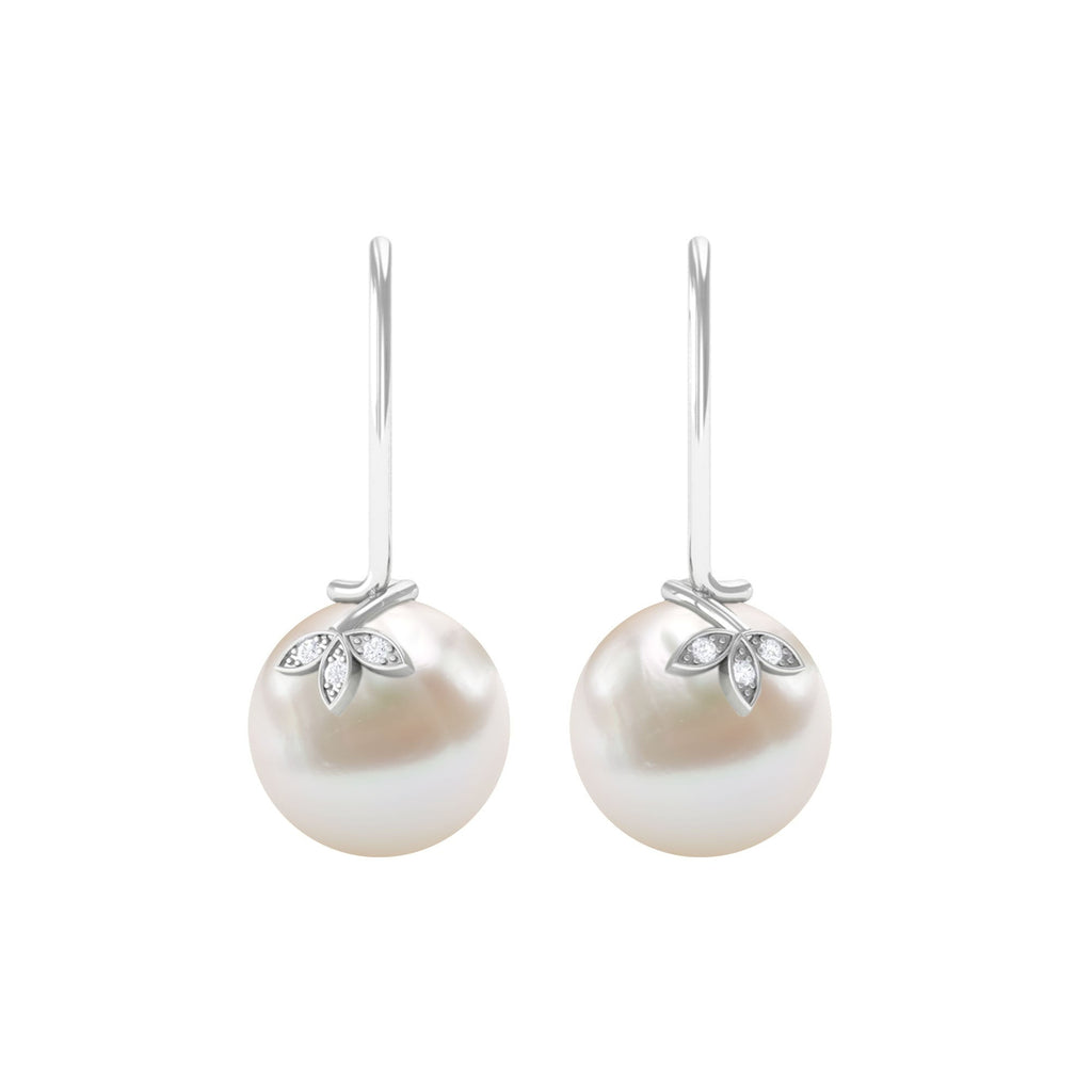 Cultured 16 Carat Freshwater Pearl Diamond Drop Earrings with Fish Hook