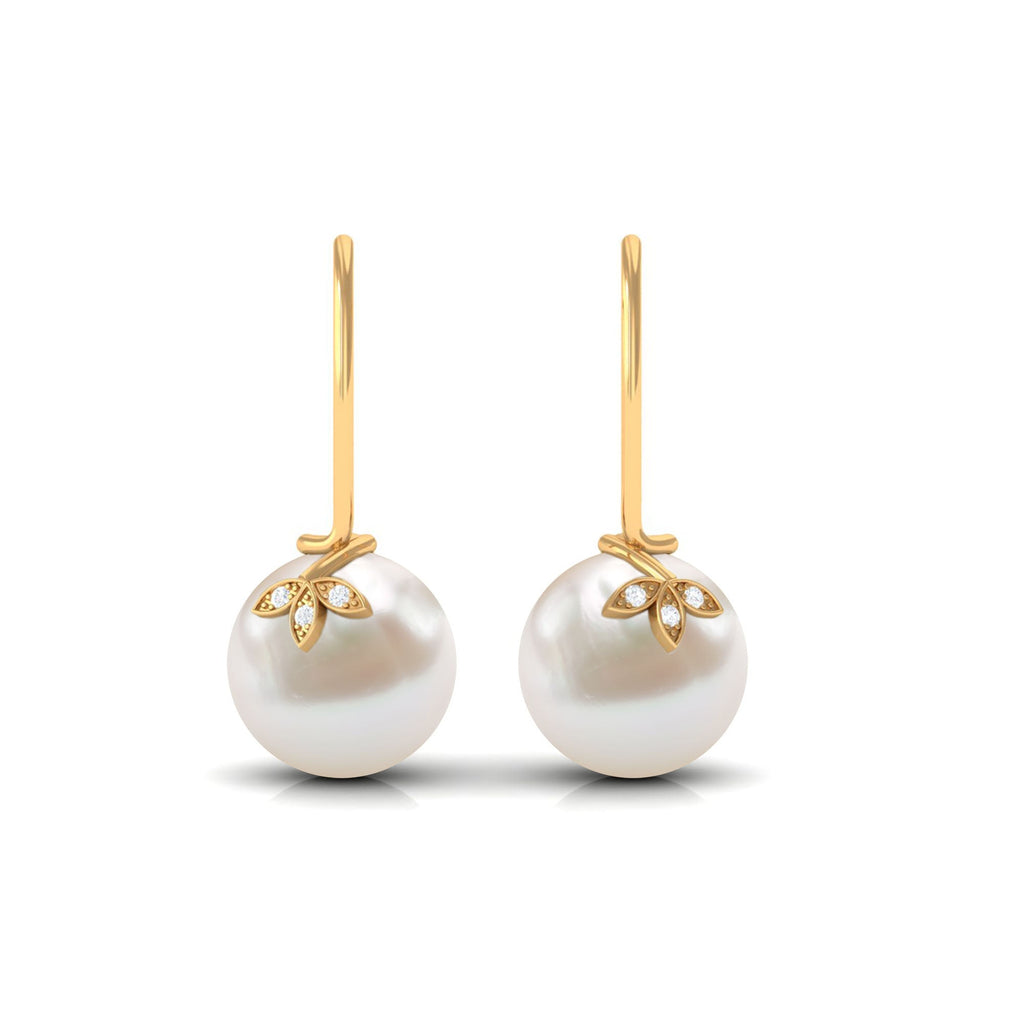 Cultured 16 Carat Freshwater Pearl Diamond Drop Earrings with Fish Hook
