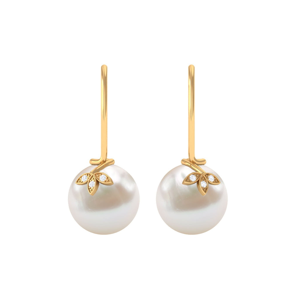 Cultured 16 Carat Freshwater Pearl Diamond Drop Earrings with Fish Hook