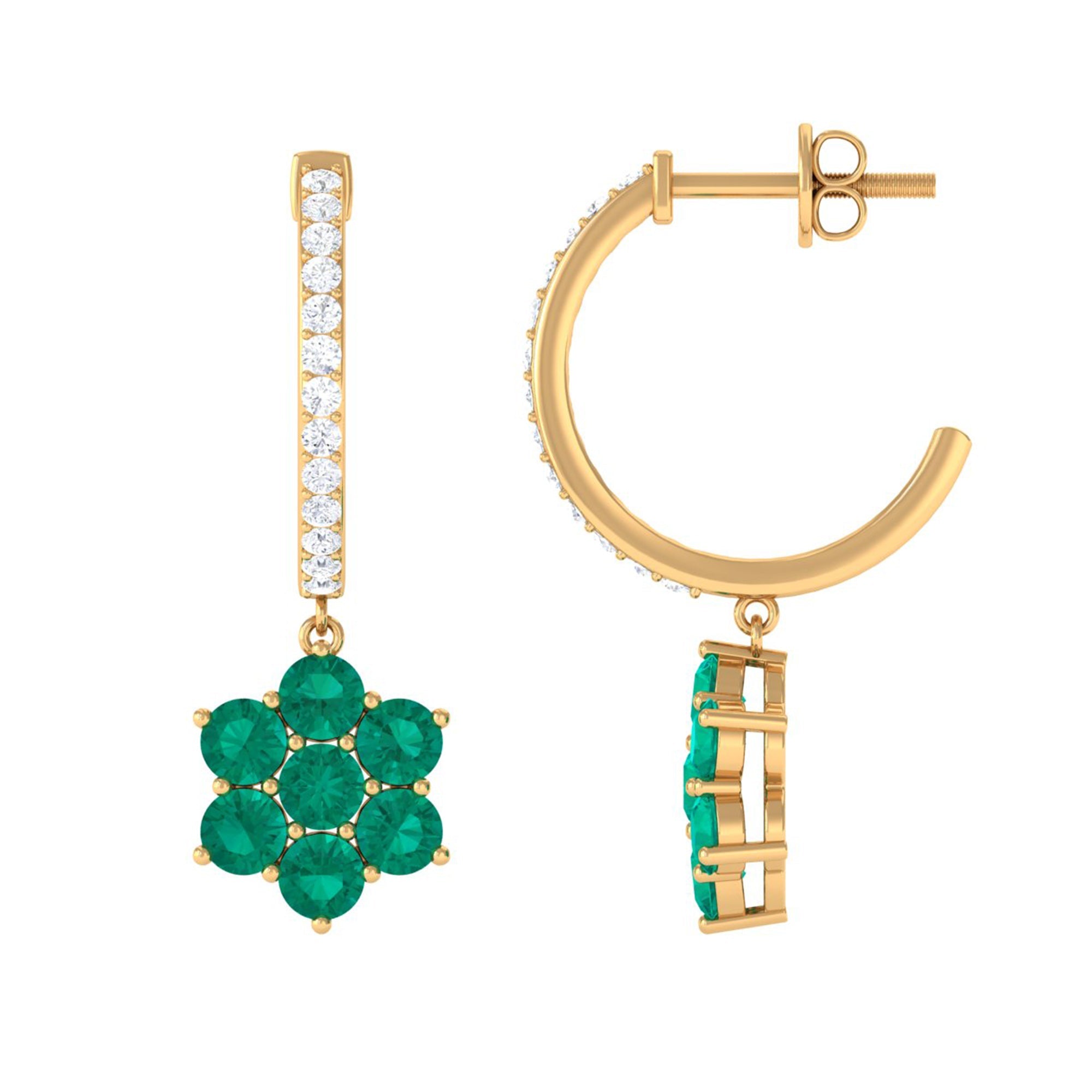 Natural Emerald Flower Drop Earrings with Diamond Hoop
