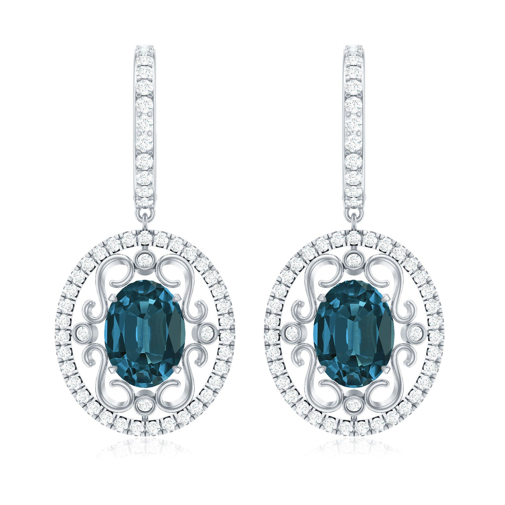 Vintage Inspired London Blue Topaz and Diamond Wedding Drop Earrings