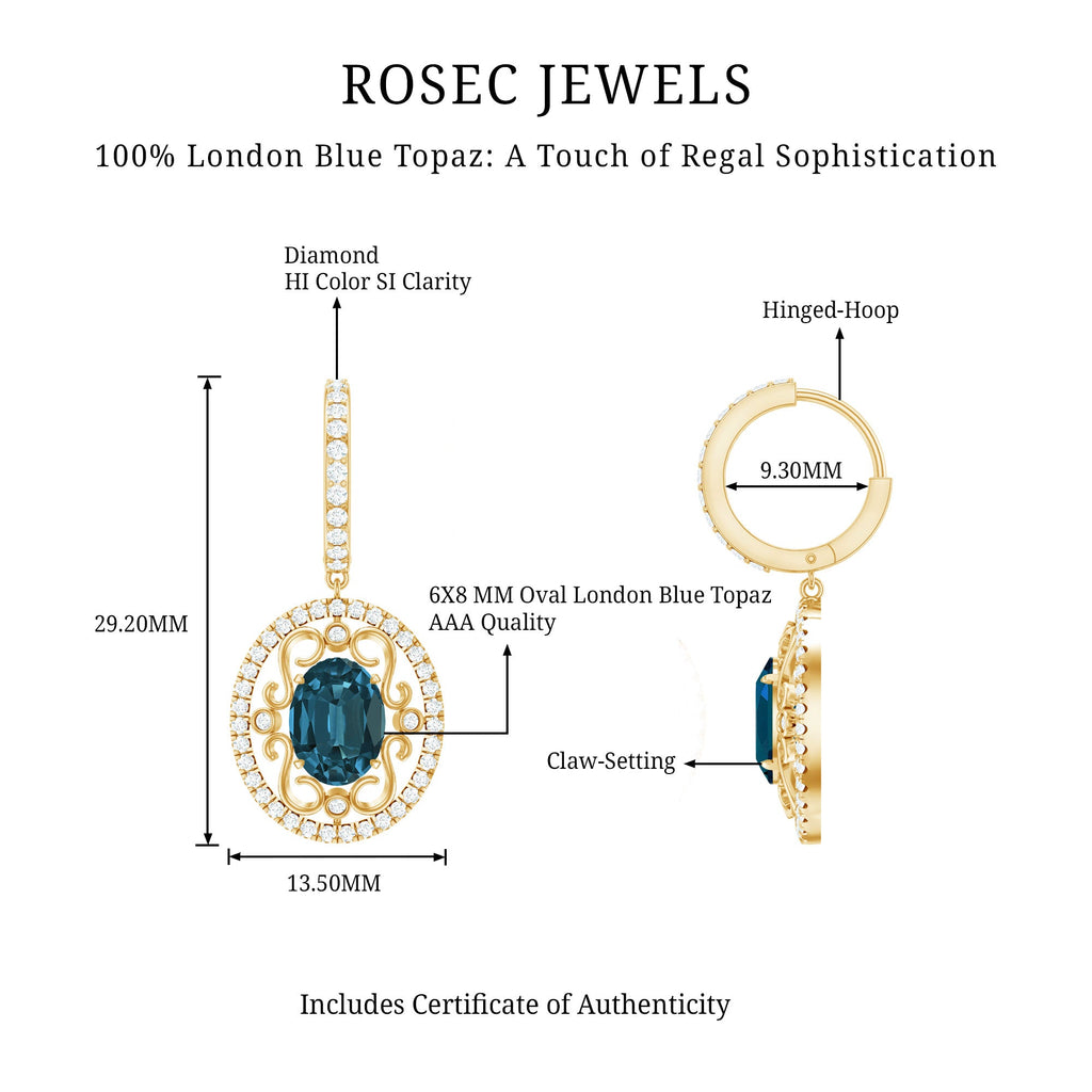 Vintage Inspired London Blue Topaz and Diamond Wedding Drop Earrings