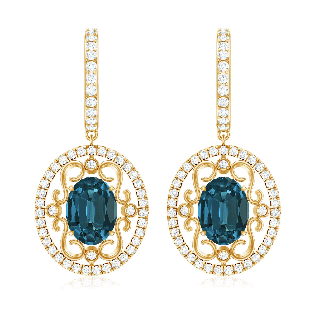 Vintage Inspired London Blue Topaz and Diamond Wedding Drop Earrings