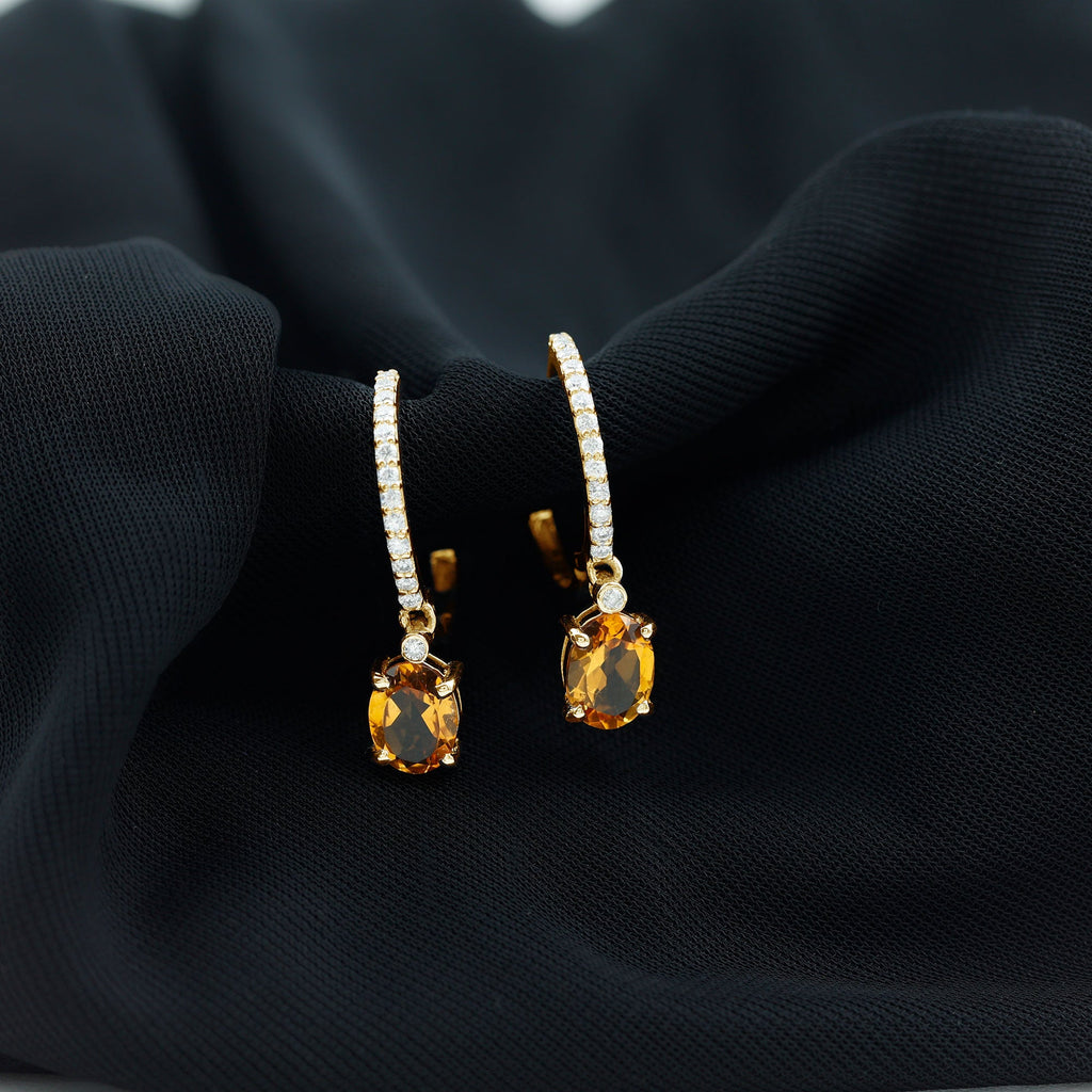 Oval Shape Citrine Hoop Drop Earrings with Diamond