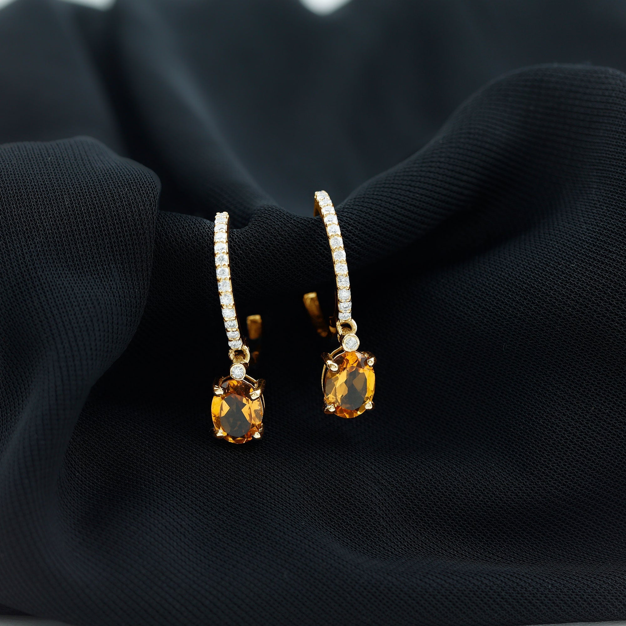 Oval Shape Citrine Hoop Drop Earrings with Diamond