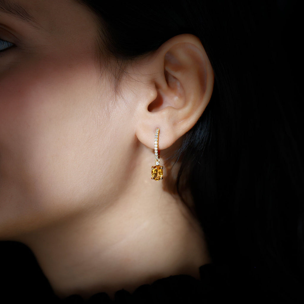 Oval Shape Citrine Hoop Drop Earrings with Diamond