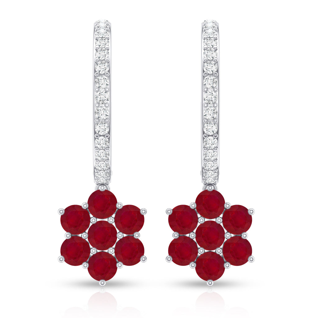 Certified Ruby Flower Drop Earrings with Diamond Hoop
