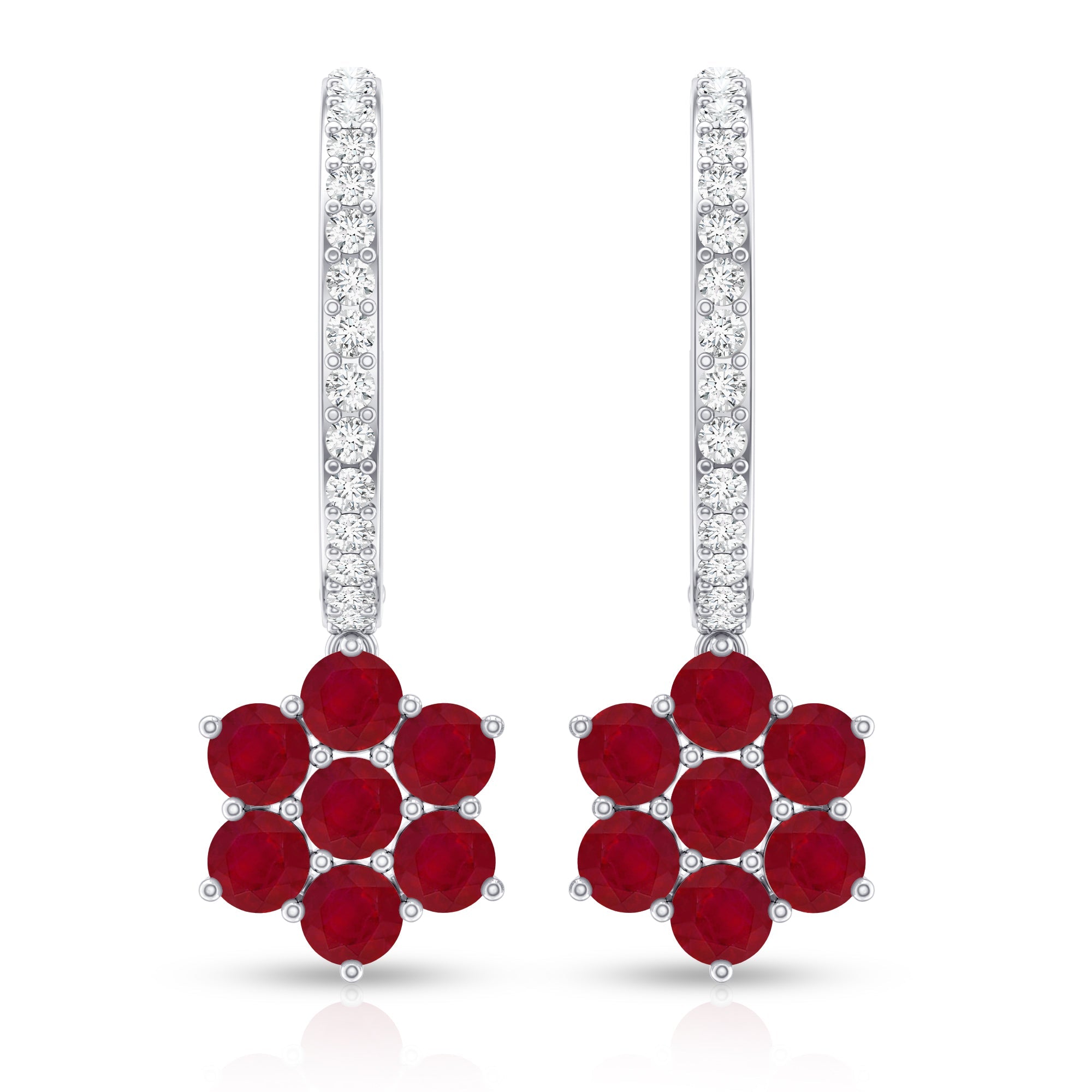Certified Ruby Flower Drop Earrings with Diamond Hoop