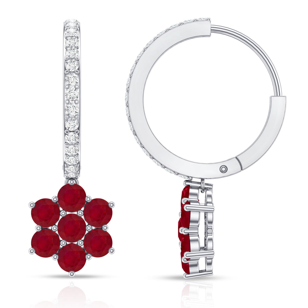 Certified Ruby Flower Drop Earrings with Diamond Hoop