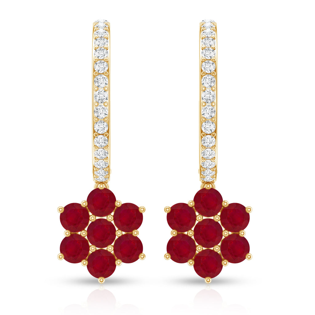 Certified Ruby Flower Drop Earrings with Diamond Hoop