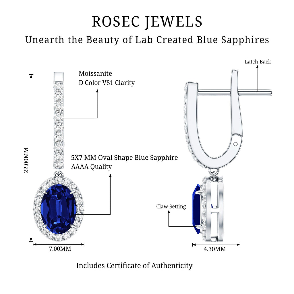 Lab Grown Blue Sapphire Hoop Drop Earrings with Moissanite Halo
