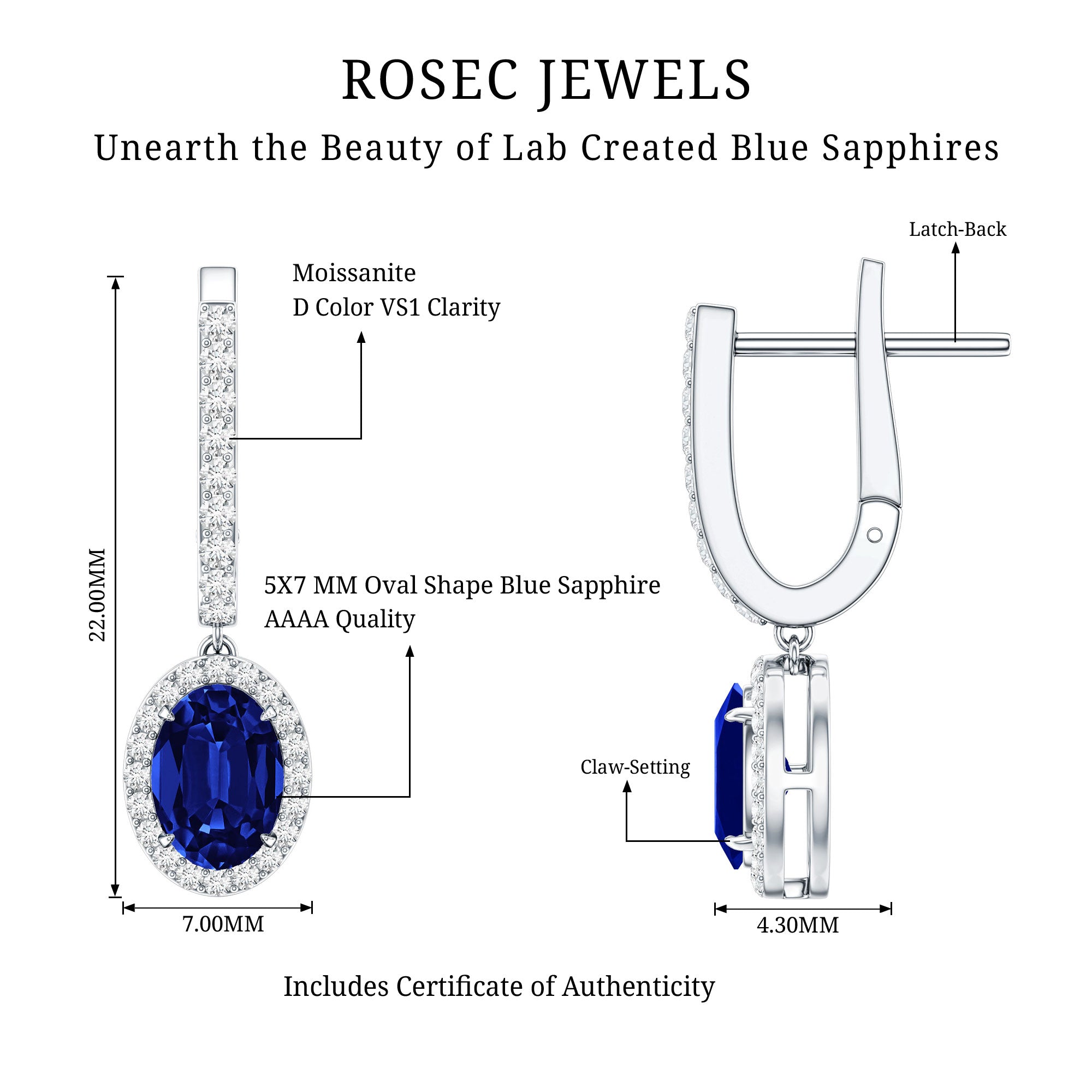 Lab Grown Blue Sapphire Hoop Drop Earrings with Moissanite Halo