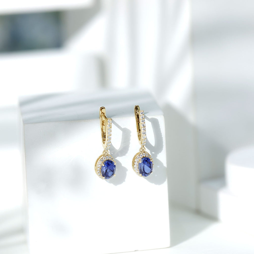 Lab Grown Blue Sapphire Hoop Drop Earrings with Moissanite Halo