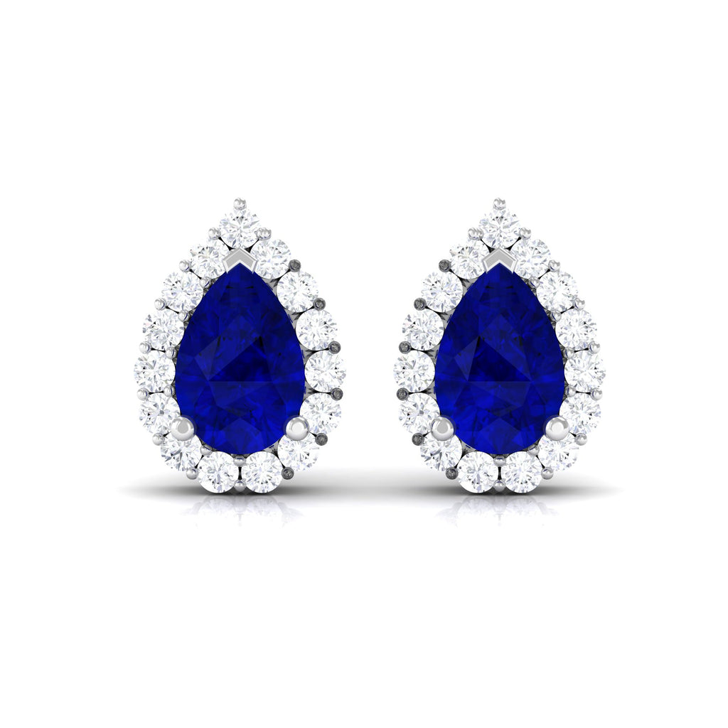 Lab Created Blue Sapphire Teardrop Stud Earrings with Diamond Halo