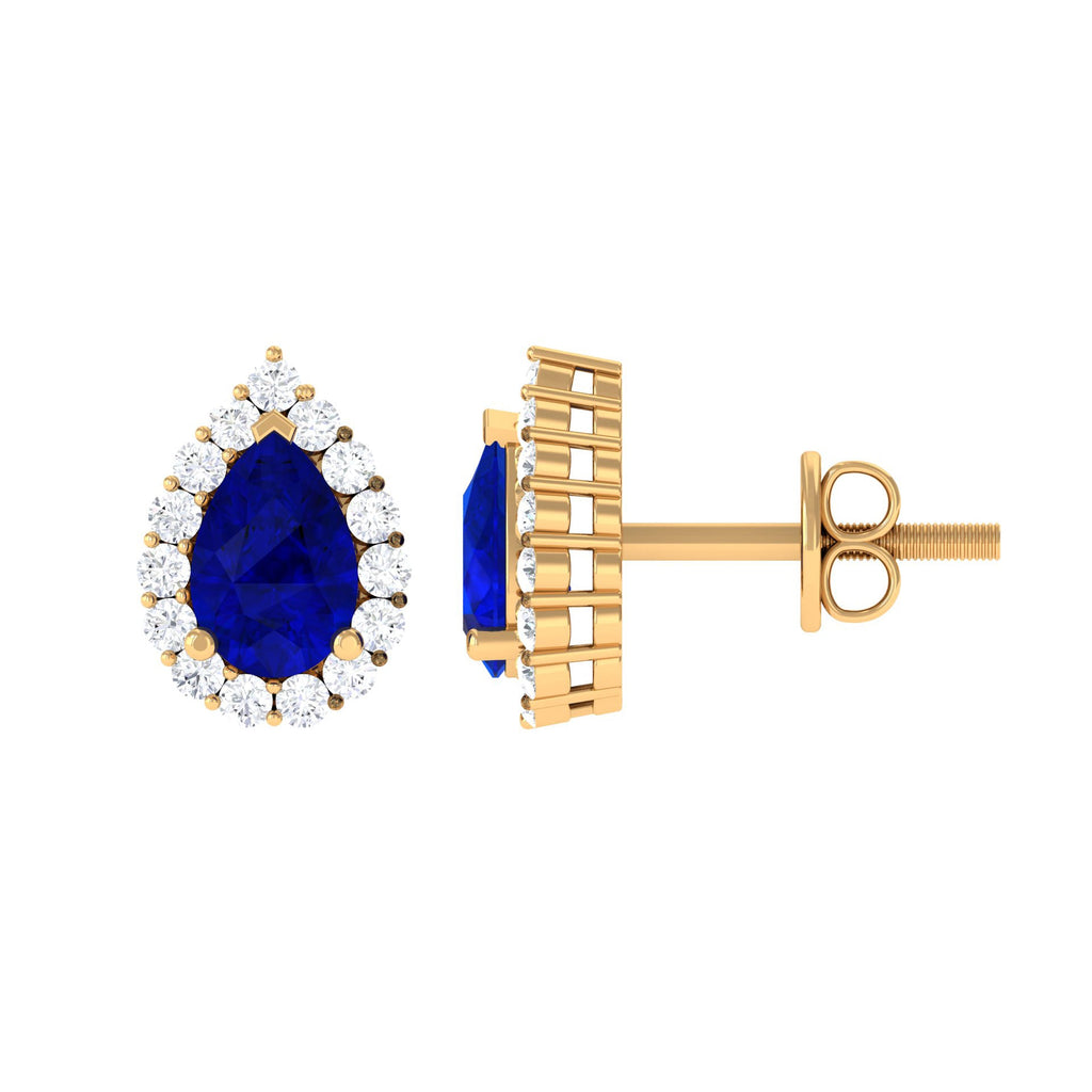Lab Created Blue Sapphire Teardrop Stud Earrings with Diamond Halo