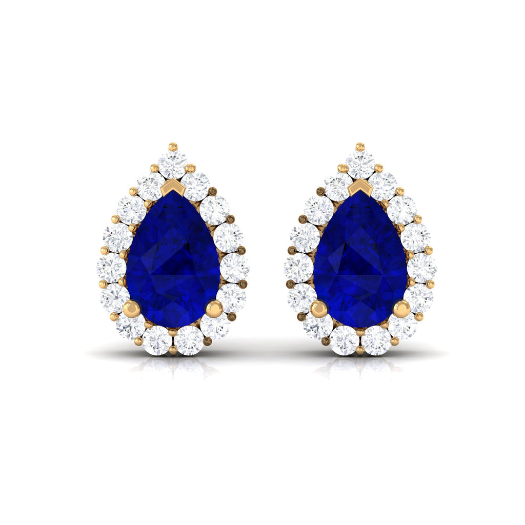 Lab Created Blue Sapphire Teardrop Stud Earrings with Diamond Halo