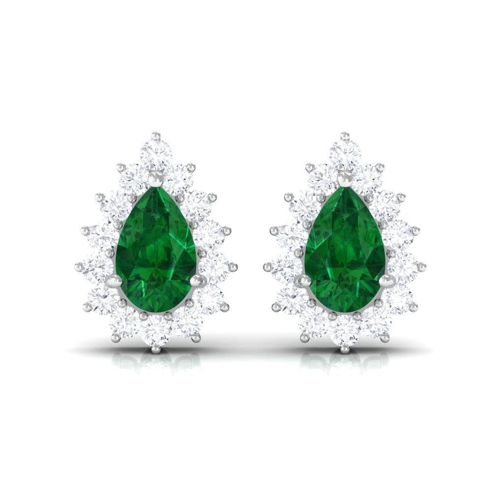 Lab Created Emerald Teardrop Stud Earrings with Moissanite Halo