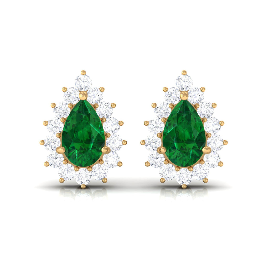 Lab Created Emerald Teardrop Stud Earrings with Moissanite Halo