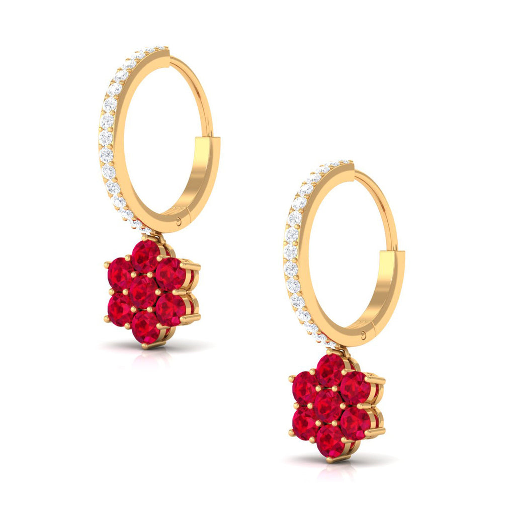 Lab Created Ruby Flower Drop Hoop Earrings with Diamond