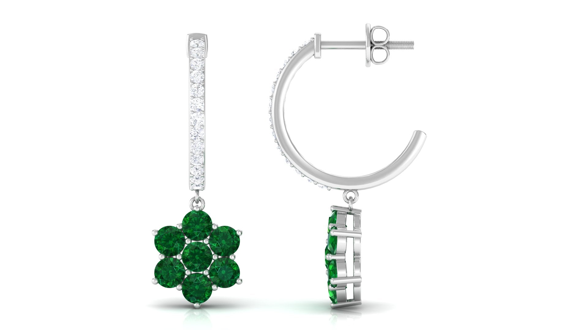 Lab Created Emerald and Diamond Flower Hoop Drop Earrings