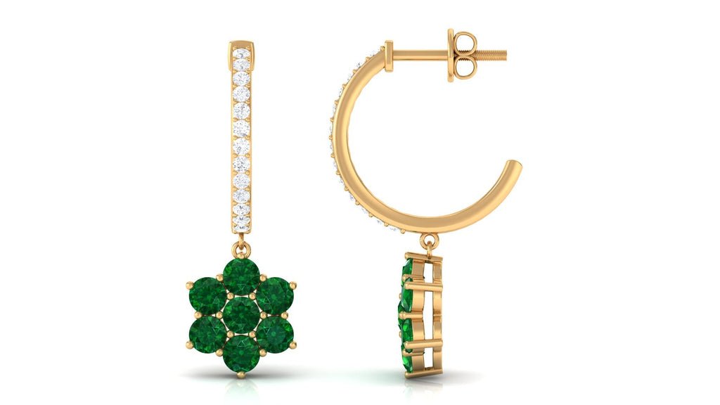 Lab Created Emerald and Diamond Flower Hoop Drop Earrings
